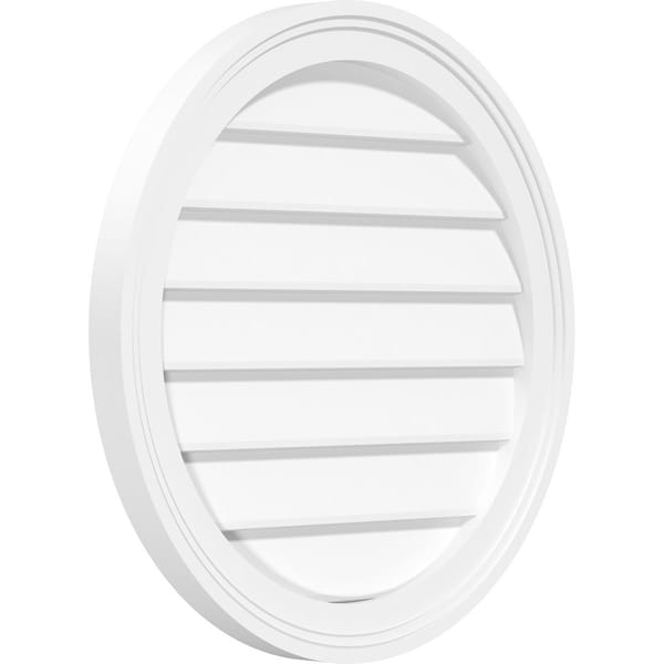 Round Surface Mount PVC Gable Vent: Non-Functional, W/ 2W X 1-1/2P Brickmould Frame, 12W X 12H
